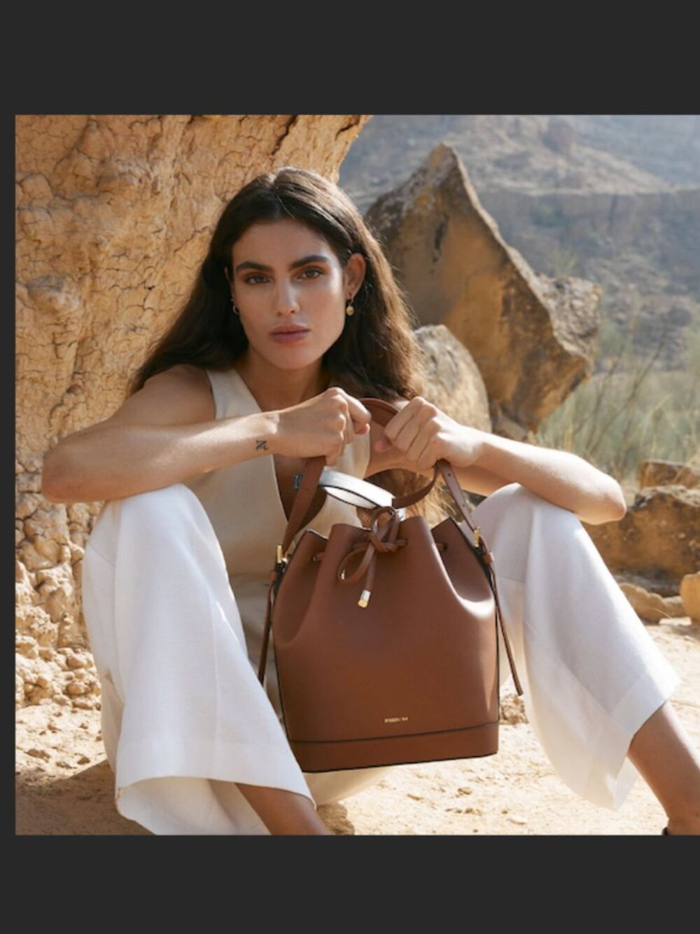 Brown Leather Bucket Bag with Drawstring - Paris 64